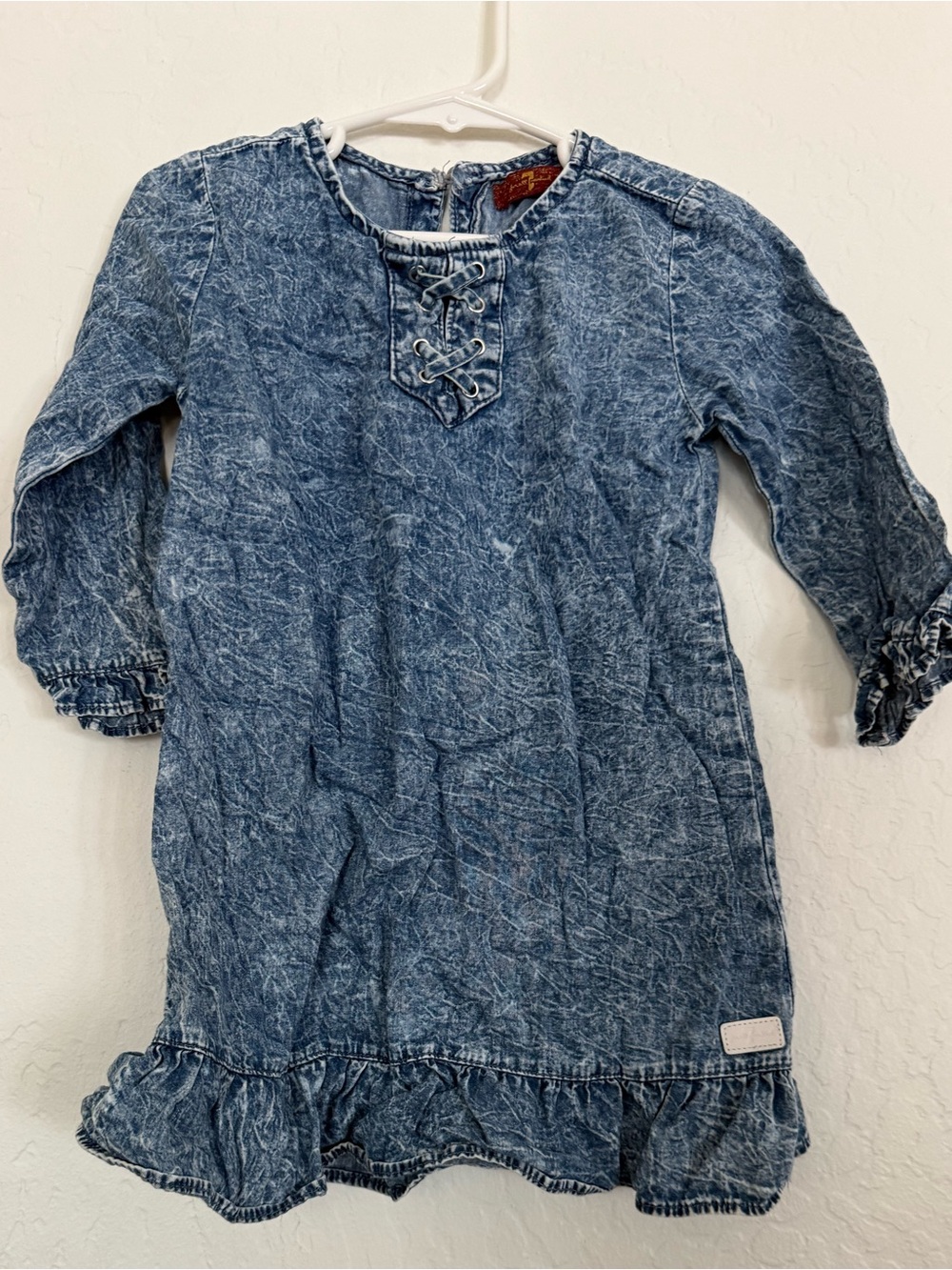 7 For All Mankind Girls' Blue Acid-Wash Lace-Up Denim Dress